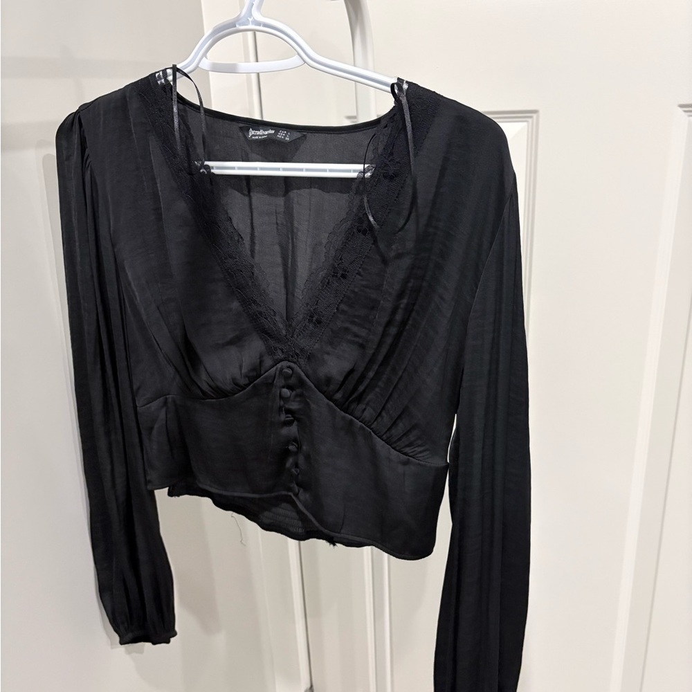 Stradivarius Black Buttoned V-Neck Blouse